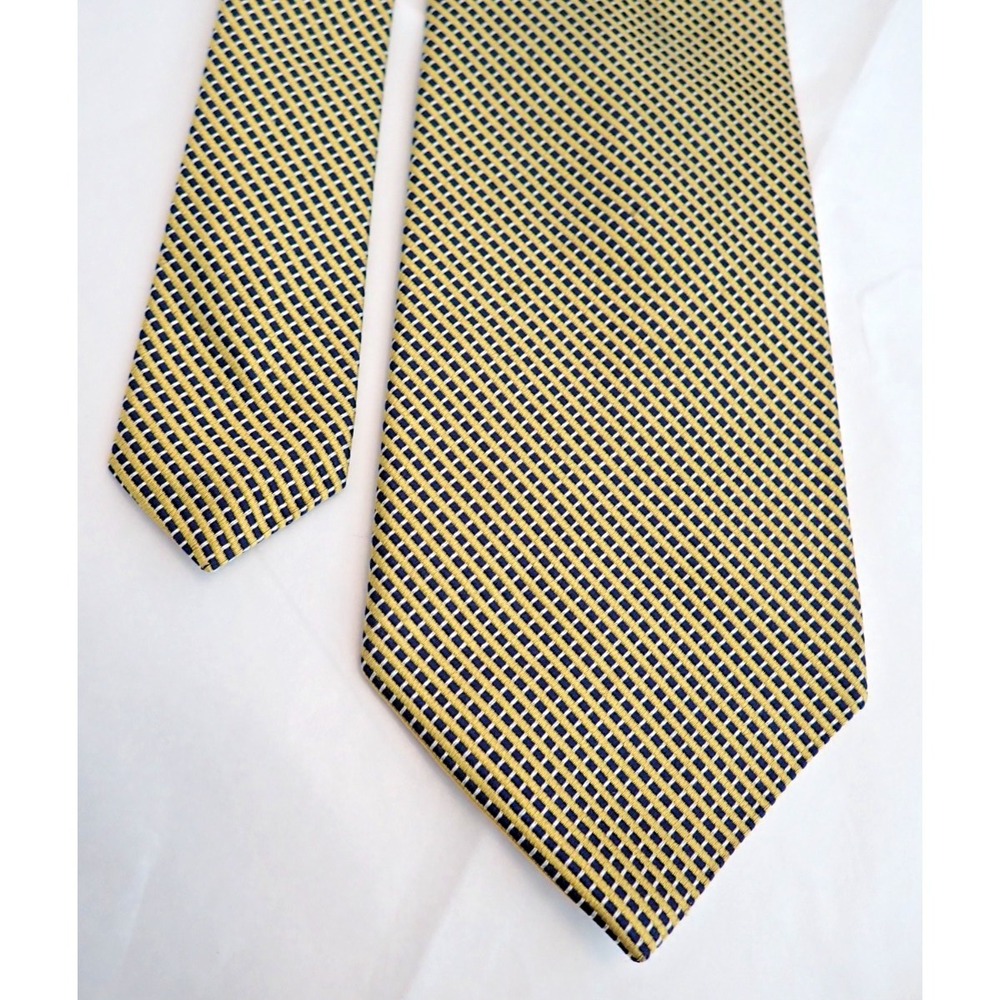 Brooks Brothers 346 Mens Silk Tie Gold Navy Blue Geometric Pattern USA Made 57"